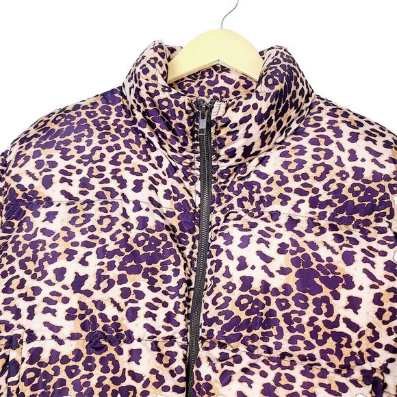 Lovers + Friends Cropped Puffer Jacket XS Brown Animal Leopard Print Full-Zip‎ - Picture 2 of 10